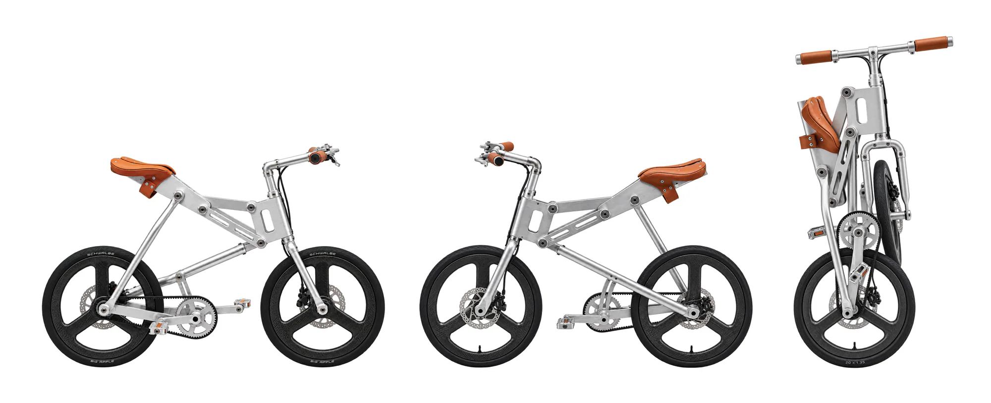 Seitenansichten und gefalteter Zustand des Fahrradkonzepts.