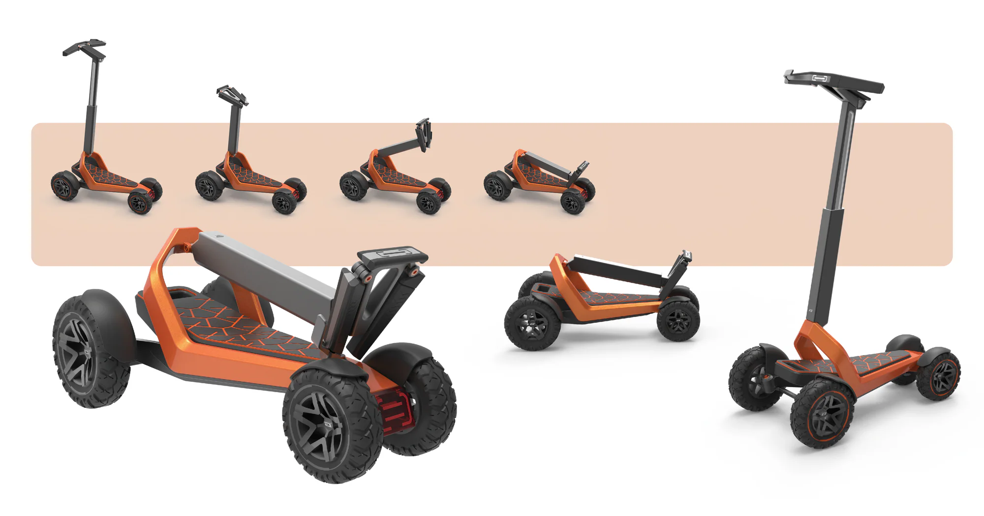 Produktansichten zeigen den E-Scooter in mehreren Stufen des Faltvorgangs.
