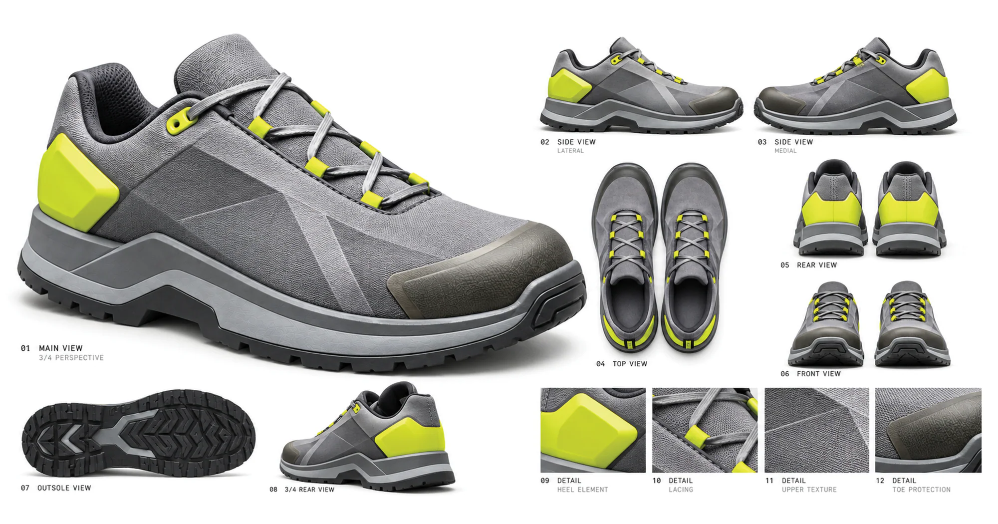 Eigenständige Schuhkonzept-Richtung 01 mit Hauptansicht, orthografischen Ansichten, Laufsohle und Details.