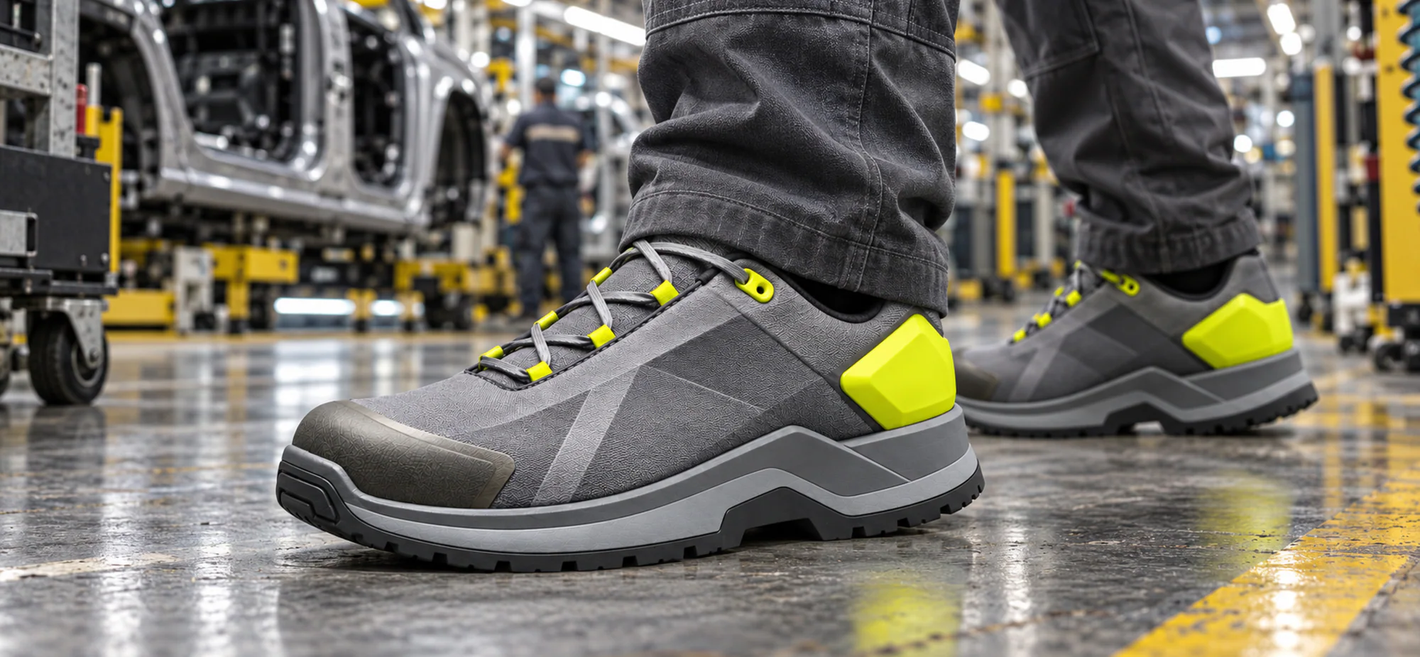 Eigenständige Schuhkonzept-Richtung 01 in einem industriellen Innenraum.