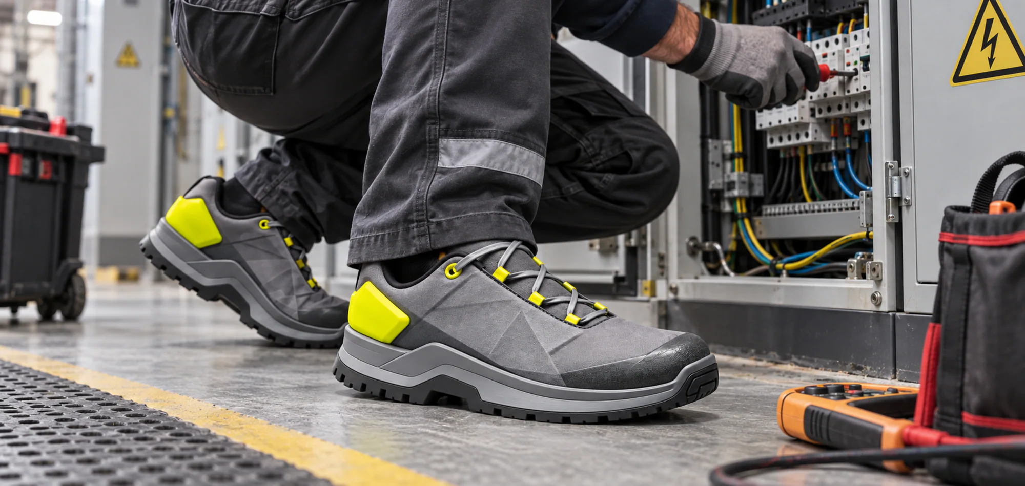 Eigenständige Schuhkonzept-Richtung 02 neben elektrischer Ausrüstung in einem industriellen Innenraum.