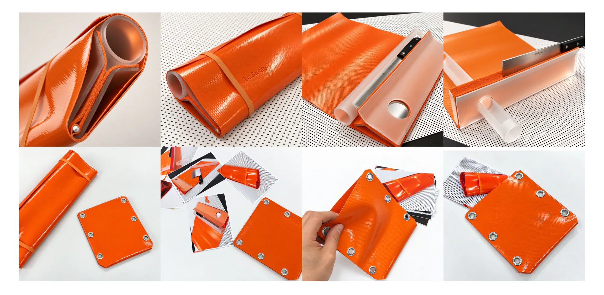 Materialstudie mit orangefarbenem technischem Gewebe, transluzenten Bauteilen, Filz und Metall.