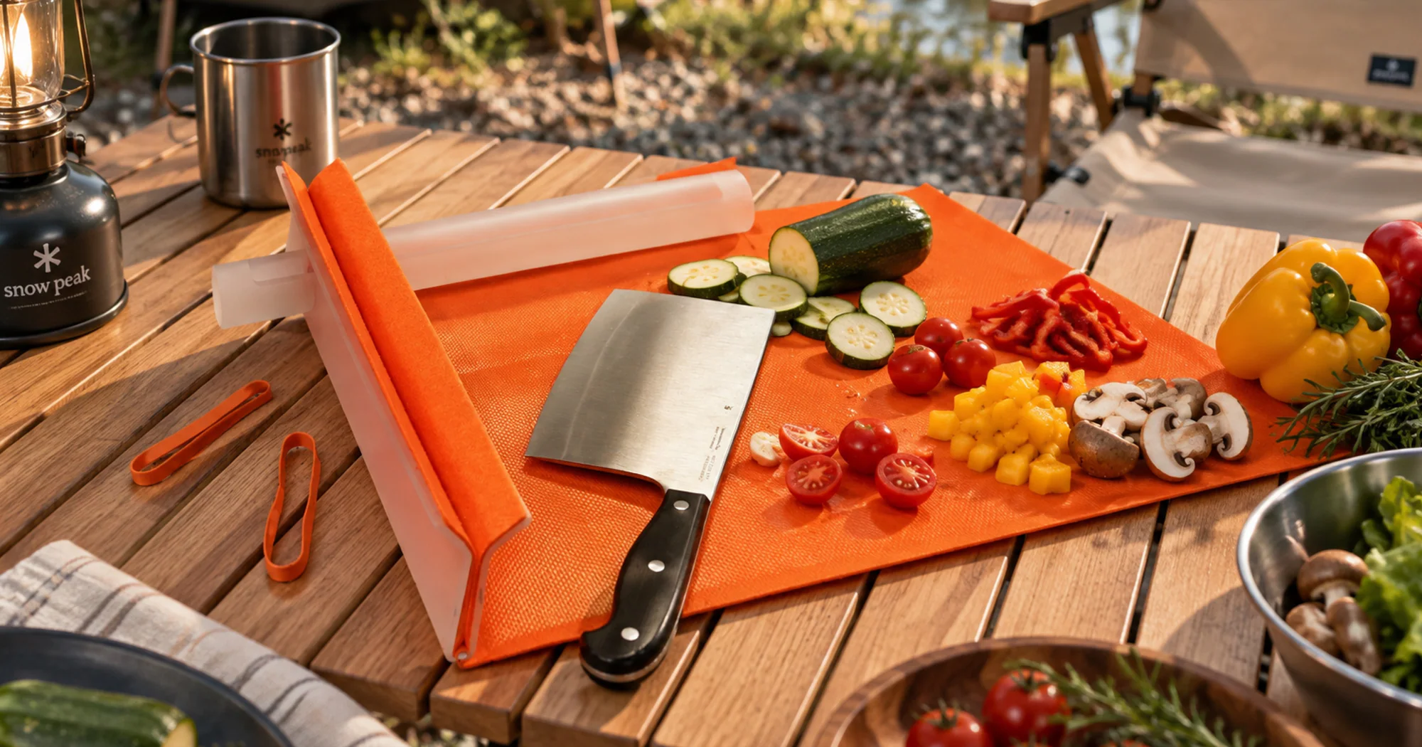 Orangefarbener Messer-Wrap als Arbeitsfläche mit geschnittenem Gemüse und Küchenmesser beim Camping.