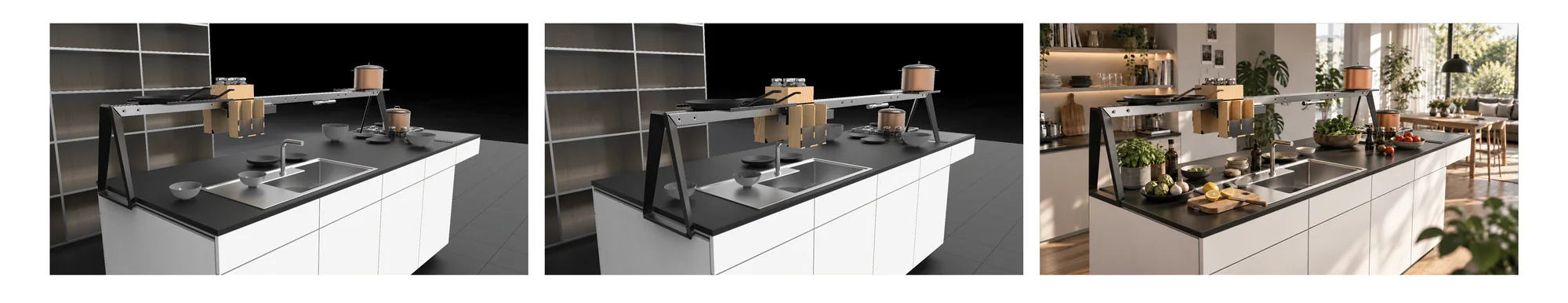 Dreiteilige Konzeptdarstellung der Brückenarchitektur über der Kücheninsel.