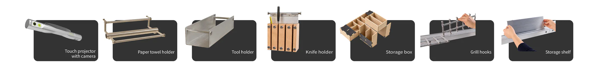 Sieben austauschbare Relisa-Module in einer Reihe: Projektor, Papierrollenhalter, Werkzeughalter, Messerhalter, Box, Haken und Ablage.