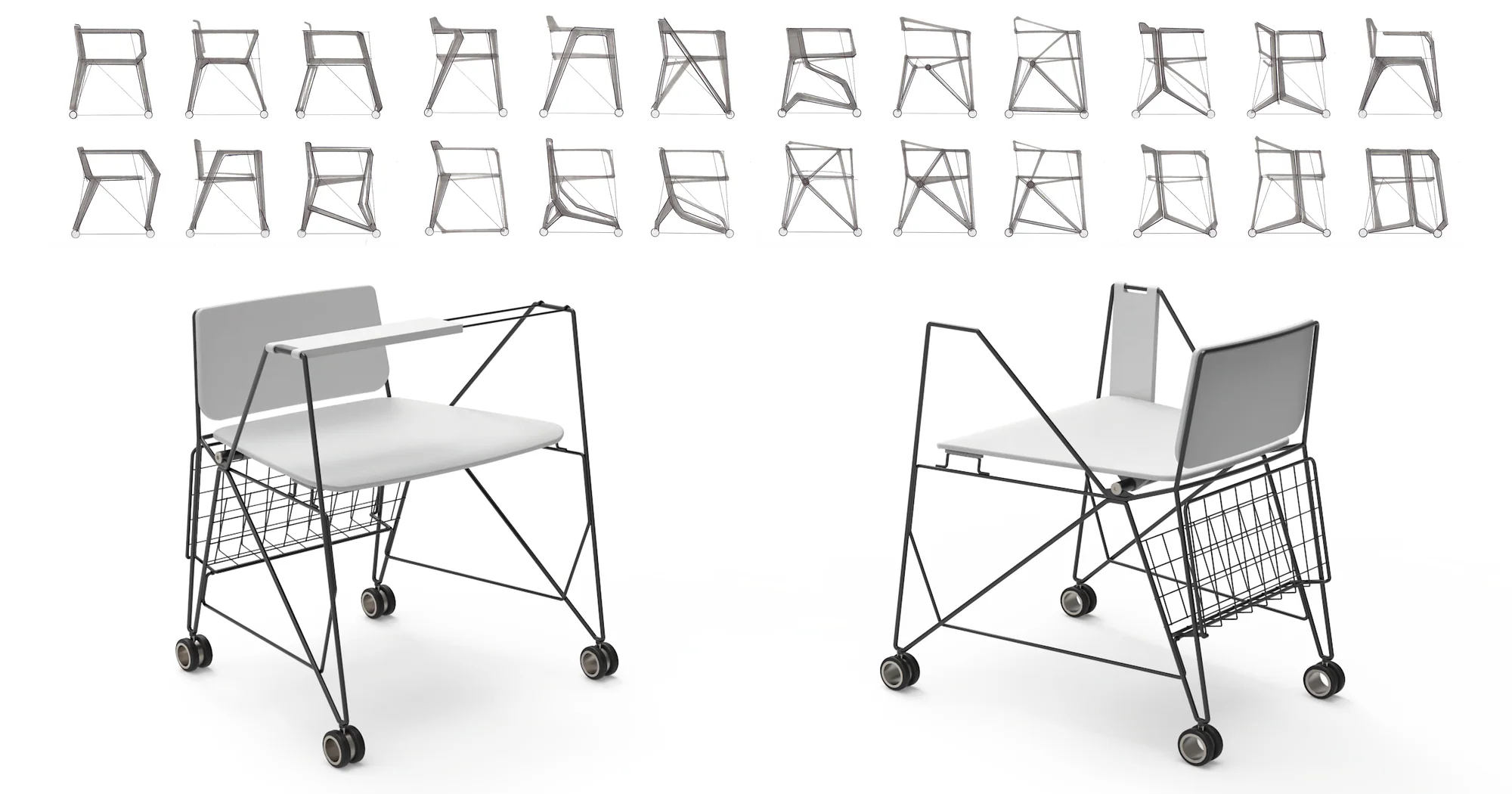 Skizzen unterschiedlicher Rahmengeometrien über zwei gerenderten Ansichten des Training Chair.