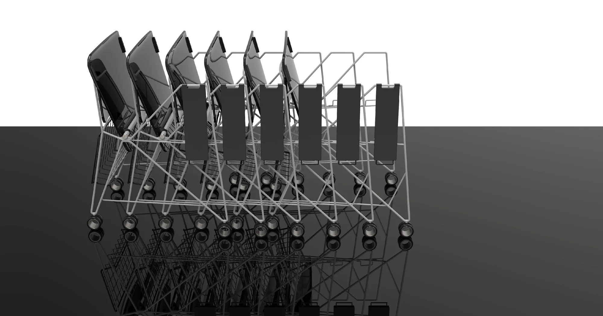 Seitliche Ansicht mehrerer eng ineinandergeschobener Training Chairs.